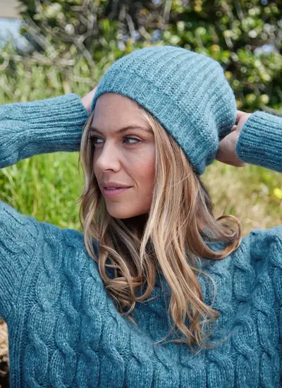 Fisherman Alpaca Ribbed Beanie in Sky Blue Alpaca Pima Cotton Merino Wool